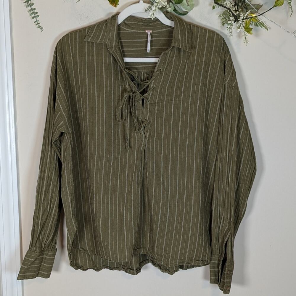 Free People Linen Green Boardwalk Lace Up Popover Linen Long Sleeve Top